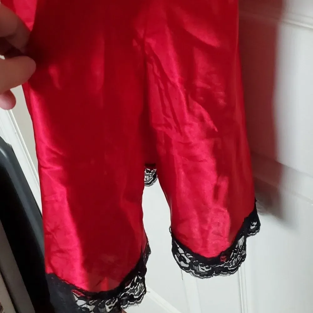 Secret Treasures Red Satin Long Chemise Nightgown Black Lace Trim - Medium